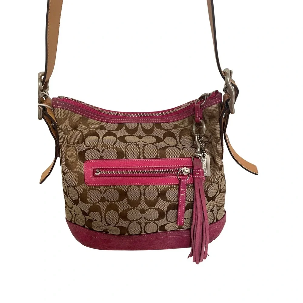 Coach Vintage Duffle Bag Signature Monogram Pink Suede Trim Tassel 9362